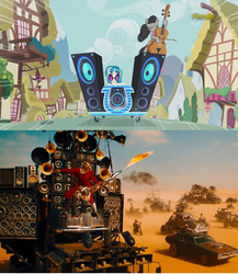 Size: 849x976 | Tagged: safe, screencap, dj pon-3, octavia melody, vinyl scratch, g4, slice of life (episode), cello, coma-doof warrior, comparison, doof wagon, guitar, mad max, mad max fury road, musical instrument, wubcart