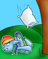 Size: 812x984 | Tagged: safe, artist:laptopbrony, rainbow dash, g4, crash, falling, female, nap, pillow, rainbow dumb, solo, this will end in pain