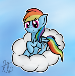 Size: 887x900 | Tagged: safe, artist:laptopbrony, rainbow dash, g4, cloud, cute, female, looking at you, raised hoof, sitting, smiling, solo