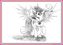 Size: 4449x3215 | Tagged: safe, artist:uminanimu, princess cadance, alicorn, pony, g4, ball, female, looking at something, monochrome, solo, spread wings, traditional art, wings