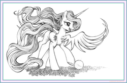 Size: 3929x2583 | Tagged: safe, artist:uminanimu, princess celestia, alicorn, pony, g4, ball, butt, female, high res, monochrome, open mouth, open smile, pencil drawing, plot, sketch, smiling, solo, spread wings, traditional art, wings