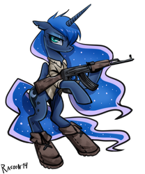 Size: 900x1080 | Tagged: safe, artist:racoonsan, princess luna, pony, g4, ak-47, bipedal, boots, clothes, female, gun, hoof boots, rifle, soldier, solo, weapon