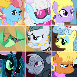 Size: 302x302 | Tagged: safe, cloudy quartz, cup cake, hummingway, lyrica lilac, ms. harshwhinny, nurse coldheart, nurse snowheart, olden pony, photo finish, queen chrysalis, bird, g4, collage