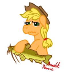 Size: 324x364 | Tagged: safe, artist:scarlethooves, applejack, catfish, fish, pony, g4, duo