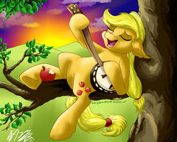 Size: 1024x819 | Tagged: safe, artist:victorydanceofficial, applejack, g4, apple, banjo, ear fluff, eyes closed, female, hatless, missing accessory, musical instrument, on back, singing, solo, sunset, tree