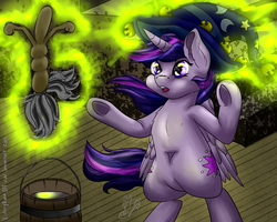 Size: 1024x819 | Tagged: safe, artist:victorydanceofficial, twilight sparkle, alicorn, pony, g4, bipedal, both cutie marks, bucket, ear fluff, fantasia, female, magic, mare, mop, solo, the sorcerer's apprentice, this will end in laughs, twilight sparkle (alicorn), underhoof