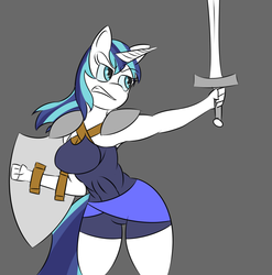 Size: 1012x1024 | Tagged: safe, artist:mrironmustang, shining armor, anthro, g4, armpits, breasts, busty gleaming shield, female, gleaming shield, rule 63, shield, simple background, solo, sword