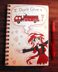 Size: 3184x3936 | Tagged: safe, artist:grocerystorephobic, sunset shimmer, g4, my past is not today, cute, euphemism, female, fire engine, high res, no fucks, shimmerbetes, solo, traditional art, wordplay