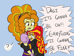 Size: 719x549 | Tagged: safe, artist:catlover1672, adagio dazzle, sunset shimmer, equestria girls, g4, confused, crying, dialogue, female, hug, lesbian, ship:sunsagio, shipping, simple background, sunsad shimmer