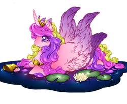 Size: 962x790 | Tagged: safe, artist:golden-anchor, princess cadance, g4, cute, female, fluffy, pegaduck, smiling, solo, spread wings, swimming, water, waterlily