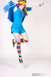 Size: 900x1352 | Tagged: safe, artist:adamlphotography, artist:goblincreations, rainbow dash, human, g4, clothes, cosplay, irl, irl human, photo, rainbow socks, socks, striped socks