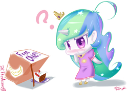 Size: 2100x1500 | Tagged: safe, artist:noisyvox, princess celestia, human, g4, blushing, box, cake, cakelestia, chibi, clothes, confused, cute, dress, female, frilly dress, horn, horned humanization, humanized, question mark, simple background, solo, trap (device), white background