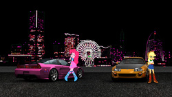 Size: 1920x1080 | Tagged: safe, artist:nsdrift, applejack, pinkie pie, equestria girls, g4, acura, acura nsx, car, cutie mark, honda, honda nsx, jza80, toyota, toyota supra, wangan midnight