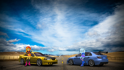 Size: 1920x1080 | Tagged: safe, artist:nsdrift, sunset shimmer, trixie, equestria girls, g4, car, ford, ford mustang, subaru, subaru impreza