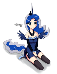 Size: 1500x1920 | Tagged: safe, artist:vanillafox2035, princess luna, human, g4, clothes, female, horn, horned humanization, humanized, socks, solo, tailed humanization, thigh highs, winged humanization