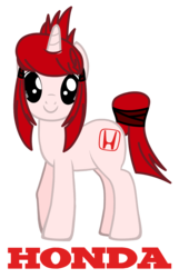 Size: 936x1450 | Tagged: safe, artist:nsdrift, oc, oc only, oc:honda mare, pony, unicorn, brand, car, female, honda, looking at you, mare, ponified, ribbon, simple background, smiling, solo, standing, straps, transparent background