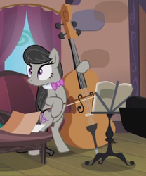 Size: 600x720 | Tagged: safe, screencap, octavia melody, earth pony, pony, g4, slice of life (episode), bipedal, cello, female, mare, musical instrument, reaction image, sheet music, solo, vinyl and octavia's home