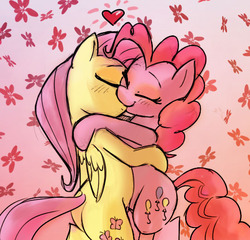 Size: 543x522 | Tagged: safe, artist:firebird145, artist:mickeymonster, fluttershy, pinkie pie, earth pony, pegasus, pony, g4, bipedal, cherry blossoms, duo, female, flower, flower blossom, kiss on the lips, kissing, lesbian, mare, ship:flutterpie, shipping