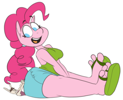 Size: 935x761 | Tagged: safe, artist:silverscarf, pinkie pie, oc, anthro, plantigrade anthro, g4, clothes, feet, flip-flops, furry, giant anthro, happy, macro, micro, non-mlp oc, sandals, simple background, sitting on person, size difference, smiling, toes, transparent background