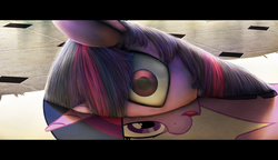Size: 1336x768 | Tagged: safe, artist:chryseum, twilight sparkle, pony, unicorn, g4, female, fourth wall, looking at you, mare, mind screw, on side, open mouth, paper, realistic, smiling, solo, stuck, uncanny valley, wat, wide eyes