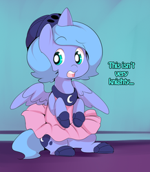 Size: 580x665 | Tagged: safe, artist:ende26, princess luna, g4, ballet, clothes, cute, dress, female, filly, helmet, lunabetes, open mouth, sitting, solo, tutu, woona, woona knight