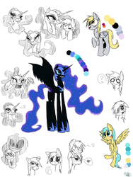 Size: 1200x1600 | Tagged: safe, artist:didun850, derpy hooves, nightmare moon, sunshower raindrops, alicorn, pegasus, pony, g4, :3, blushing, ethereal mane, eyes closed, female, grin, heart, helmet, hoof shoes, mare, nightmare mlem, pictogram, question mark, scared, smiling, starry mane, tongue out, white eyes