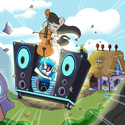 Size: 1320x1320 | Tagged: safe, artist:artguydis, dj pon-3, octavia melody, vinyl scratch, earth pony, pony, unicorn, g4, slice of life (episode), cello, cloud, duo, eyes closed, female, headphones, mare, musical instrument, scene interpretation, sky, smiling, that was fast, vinyl and octavia's home, wubcart