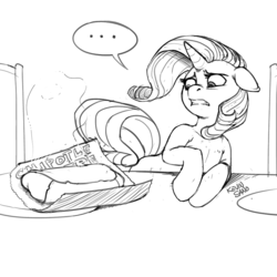 Size: 900x900 | Tagged: safe, artist:kevinsano, rarity, pony, unicorn, g4, ..., burrito, chipotle, ears back, female, frown, grayscale, gritted teeth, monochrome, scared, solo, wide eyes