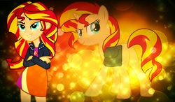 Size: 1280x750 | Tagged: safe, artist:dablackphoenix, sunset shimmer, pony, unicorn, equestria girls, g4, bubble, butt, crossed arms, plot, saddle bag, vector, wallpaper