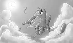 Size: 2500x1500 | Tagged: safe, artist:phuocthiencreation, princess luna, alicorn, pony, g4, cloud, crescent moon, feather, female, flying, looking up, mare, monochrome, moon, sky, solo