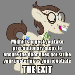 Size: 750x750 | Tagged: safe, gizmo, earth pony, pony, g4, acne, bowtie, bucktooth, eyes closed, facial hair, glasses, gray background, image macro, male, meme, moustache, reaction image, simple background, solo, stallion, text