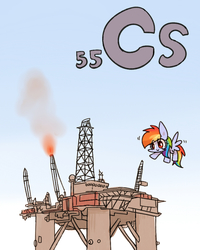 Size: 800x1000 | Tagged: safe, artist:joycall6, part of a set, rainbow dash, pegasus, pony, series:joycall6's periodic table, g4, caesium, cesium, chemistry, female, fire, flying, mare, oil platform, oil rig, periodic table, solo