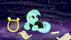 Size: 1024x576 | Tagged: safe, artist:maxressor, lyra heartstrings, pony, unicorn, fanfic:background pony, g4, clothes, dig the swell hoodie, fanfic art, hoodie, lyre, music notes, musical instrument, sad, snow, snowfall, stars, wind