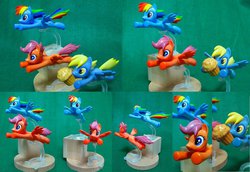Size: 1024x706 | Tagged: safe, artist:daisymane, derpy hooves, rainbow dash, scootaloo, pegasus, pony, g4, craft, female, irl, mare, photo, scootaloo can fly, sculpture