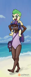 Size: 826x2000 | Tagged: safe, artist:smudge proof, spike, twilight sparkle, human, g4, barefoot, beach, breasts, carrying, clothes, dark skin, delicious flat chest, duo, feet, humanized, light skin, open mouth, patreon, patreon logo, sketch, smiling, sunscreen, swimsuit, walking, younger