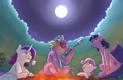 Size: 1280x828 | Tagged: safe, artist:imsokyo, rarity, spike, sweetie belle, twilight sparkle, dragon, pony, unicorn, daily life of spike, g4, campfire, camping, female, filly, full moon, low angle, male, mare, marshmallow, moon, open mouth