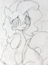 Size: 891x1182 | Tagged: safe, artist:bluedrg19, oc, oc only, oc:milky way, pony, :p, blushing, female, lineart, mare, monochrome, solo, tongue out, traditional art