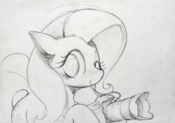 Size: 1080x761 | Tagged: safe, artist:bluedrg19, fluttershy, g4, camera, female, fluttershutter, mouth hold, sketch, solo, traditional art, wink