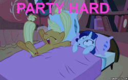 Size: 500x313 | Tagged: safe, edit, edited screencap, screencap, applejack, rarity, pony, g4, look before you sleep, animated, duo, female, golden oaks library, party hard, silly, silly pony