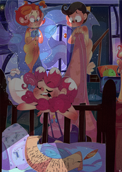 Size: 2270x3200 | Tagged: safe, artist:mili-kat, pinkie pie, pound cake, pumpkin cake, human, g4, drool, high res, humanized, magic, night, sleeping