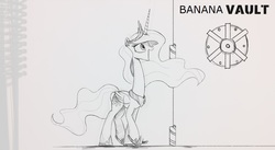 Size: 1280x701 | Tagged: safe, artist:ncmares, edit, princess celestia, ask majesty incarnate, g4, female, implied banana, long neck, monochrome, solo