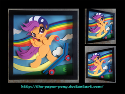 Size: 1280x958 | Tagged: safe, artist:the-paper-pony, scootaloo, pegasus, pony, g4, cloud, craft, female, filly, foal, irl, photo, rainbow, scooter, shadowbox, sky, solo