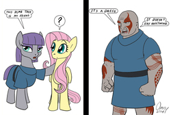 Size: 1000x673 | Tagged: safe, artist:omny87, fluttershy, maud pie, earth pony, pegasus, pony, g4, comic, dialogue, drax the destroyer, guardians of the galaxy, marvel, reference, simple background, watamote, white background