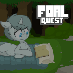 Size: 648x648 | Tagged: safe, artist:quarantinedchaoz, oc, oc only, oc:deep blue, pony, unicorn, foal quest, animated, belly button, book, camping, cute, foal, outdoors, pixel art, reading, solo