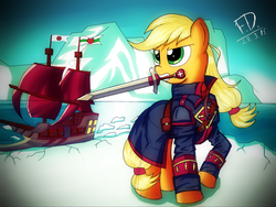 Size: 2048x1536 | Tagged: safe, artist:fluffydus, applejack, g4, assassin's creed, assassin's creed rogue, female, mouth hold, parody, ship, solo, sword
