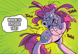 Size: 1104x774 | Tagged: safe, edit, idw, pinkie pie, g4, spoiler:comic, cropped, episode 100, hoof biting, meme, panic, season 5 hype