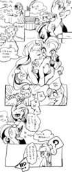 Size: 650x1543 | Tagged: safe, artist:wan, applejack, rarity, g4, blushing, comic, female, japanese, lesbian, monochrome, sewing, sewing machine, ship:rarijack, shipping, translated in the comments