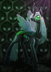Size: 2480x3508 | Tagged: safe, artist:pa-kalsha, queen chrysalis, changeling, changeling queen, g4, crown, female, glowing, glowing eyes, high res, jewelry, regalia