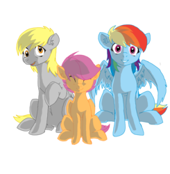 Size: 6858x7008 | Tagged: safe, artist:jeremy3, derpy hooves, rainbow dash, scootaloo, pegasus, pony, g4, absurd resolution, female, mare, raised hoof, sitting