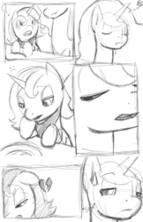 Size: 1164x1800 | Tagged: safe, artist:florecentmoo, princess celestia, princess luna, g4, comic, filly, monochrome, sisters, younger